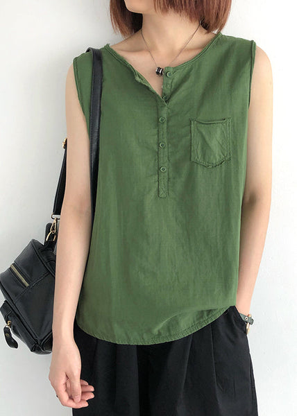 Linen Green Modern Sleeveless O-Neck Tops FashionChic