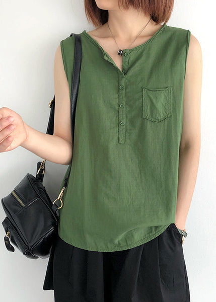 Linen Green Modern Sleeveless O-Neck Tops FashionChic