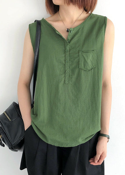 Linen Green Modern Sleeveless O-Neck Tops FashionChic