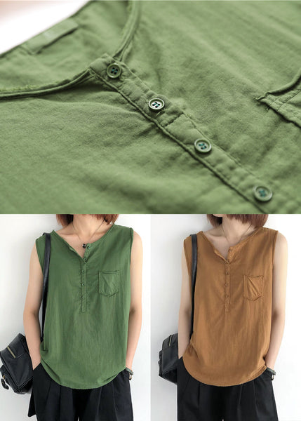 Linen Green Modern Sleeveless O-Neck Tops FashionChic
