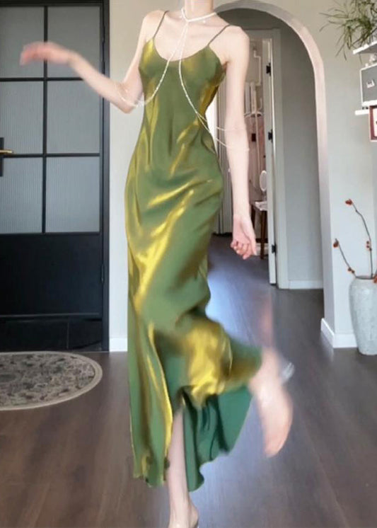 Modern Green Maxi Silk Draping Strap Slash Neck Spaghetti FashionChic