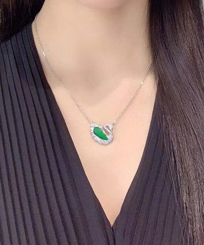 Modern Green Sterling Silver Jade Little Swan Pendant Necklace AC1043 Genistyle Shop