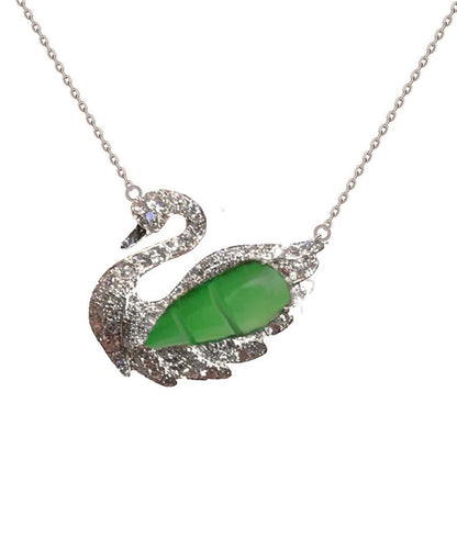 Modern Green Sterling Silver Jade Little Swan Pendant Necklace AC1043 Genistyle Shop