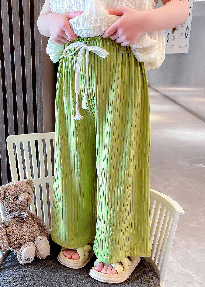 Modern Green Striped Patchwork Tie Waist Ice Silk Girls Pants GF025 MM-RCTZ-LPTS230724