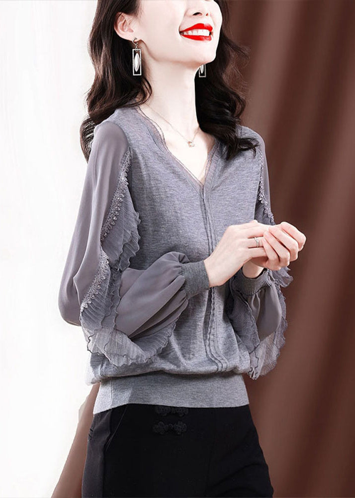 Modern Grey V Neck Ice Silk Patchwork Knit Top Spring TE029 ABC