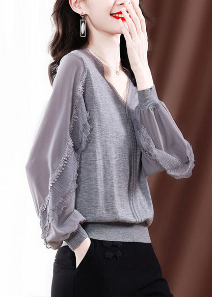 Modern Grey V Neck Ice Silk Patchwork Knit Top Spring TE029 ABC