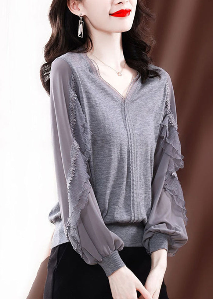 Modern Grey V Neck Ice Silk Patchwork Knit Top Spring TE029 ABC