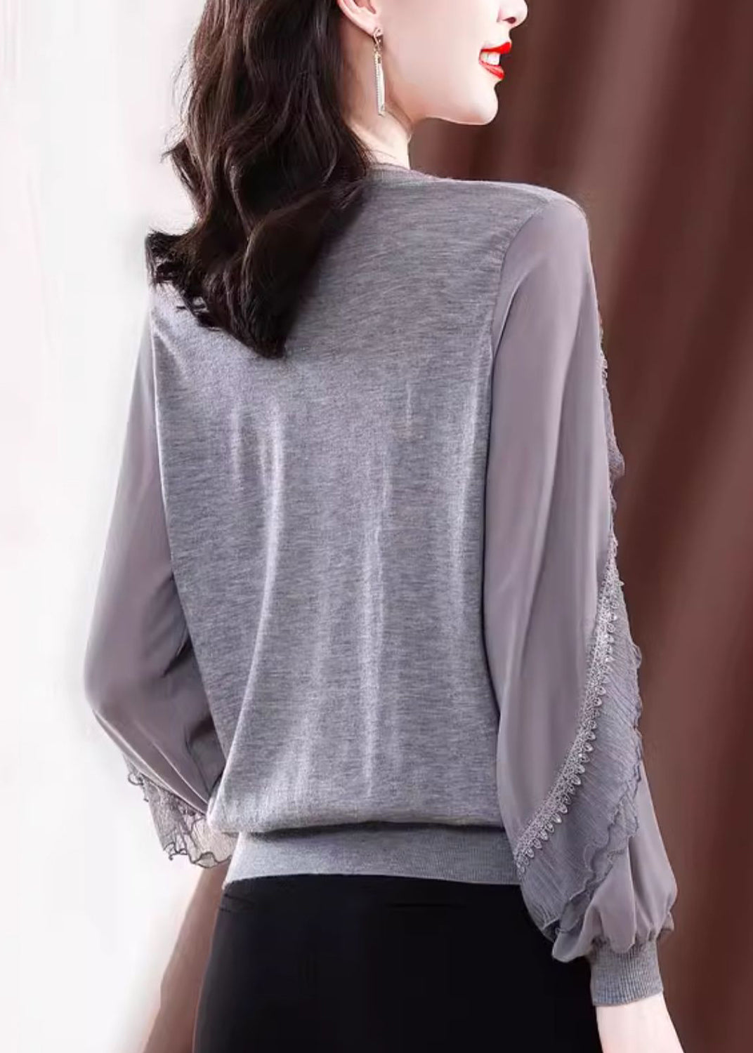 Modern Grey V Neck Ice Silk Patchwork Knit Top Spring TE029 ABC