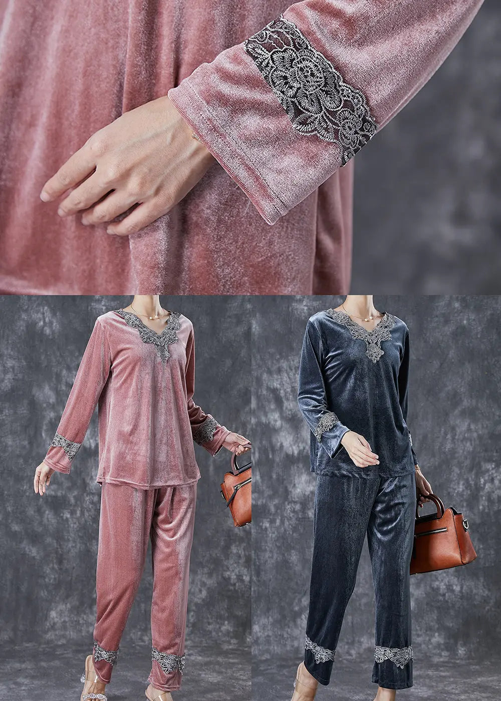 Modern Grey V Neck Lace Patchwork Silk Velour Two Pieces Set Fall Ada Fashion