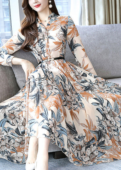 Modern Khaki Print Tie Waist Chiffon Dresses Spring OO023 OM-CS240814