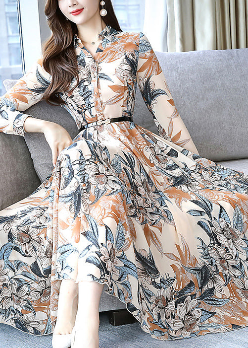 Modern Khaki Print Tie Waist Chiffon Dresses Spring OO023 OM-CS240814