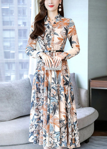 Modern Khaki Print Tie Waist Chiffon Dresses Spring OO023 OM-CS240814