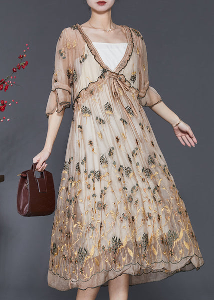 Modern Khaki Ruffled Embroidered Silk Dress Summer SD1095 Ada Fashion