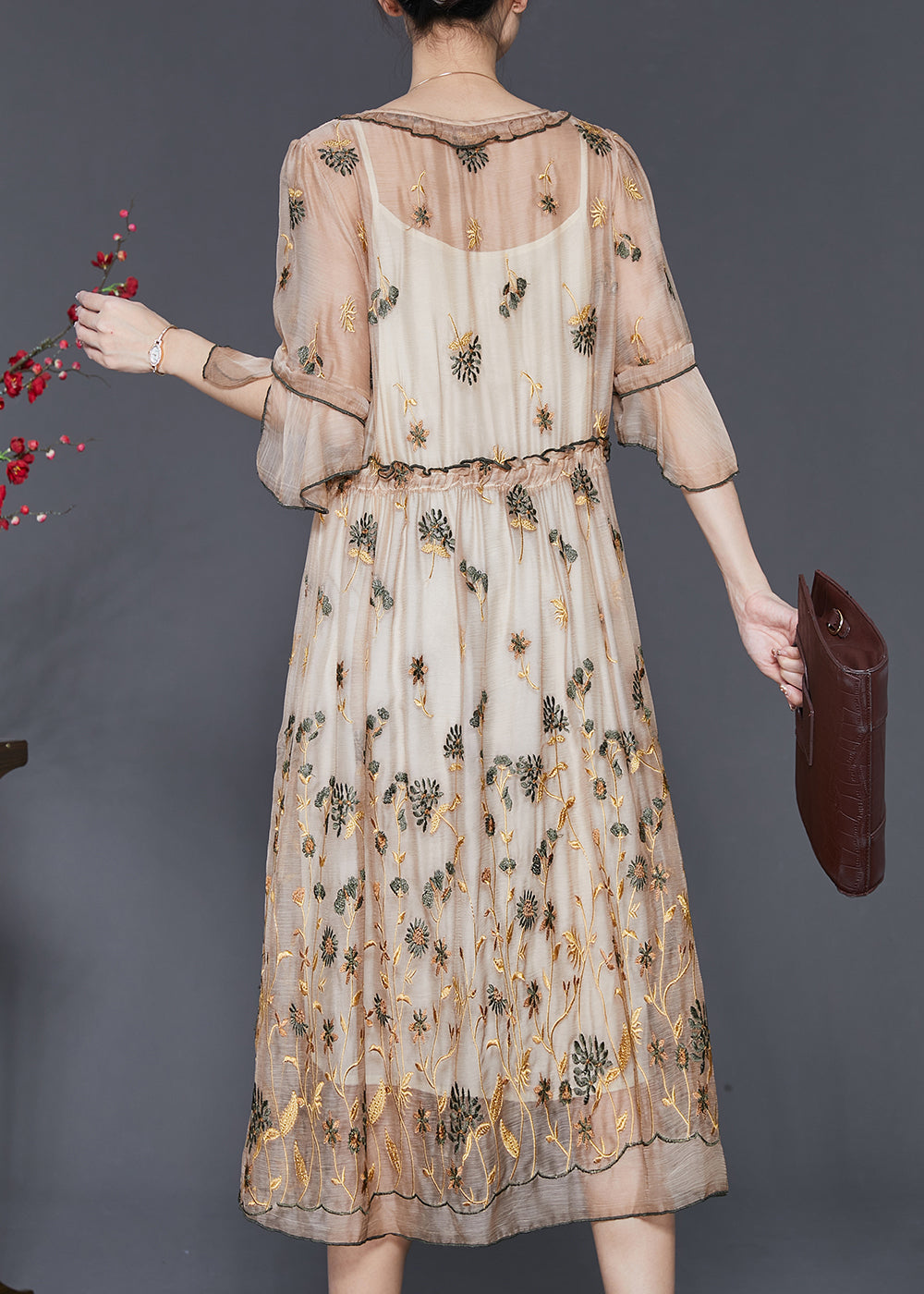 Modern Khaki Ruffled Embroidered Silk Dress Summer SD1095 Ada Fashion