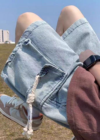 Modern Light Blue Pockets Drawstring Denim Mens Shorts Summer YL021 ABC