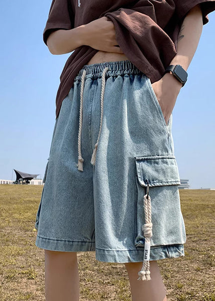 Modern Light Blue Pockets Drawstring Denim Mens Shorts Summer YL021 ABC