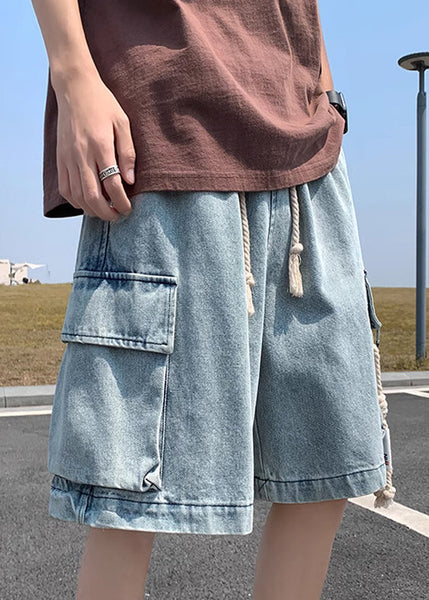 Modern Light Blue Pockets Drawstring Denim Mens Shorts Summer YL021 ABC