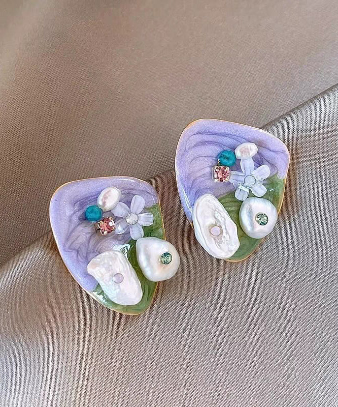 Earrings Zircon Alloy Modern Stud Beads Rice Light Floral Purple FashionChic