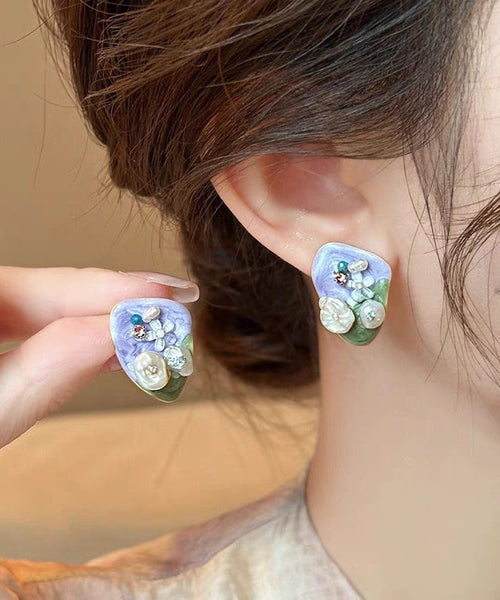 Earrings Zircon Alloy Modern Stud Beads Rice Light Floral Purple FashionChic