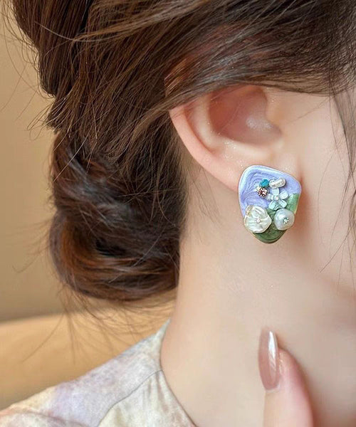 Earrings Zircon Alloy Modern Stud Beads Rice Light Floral Purple FashionChic