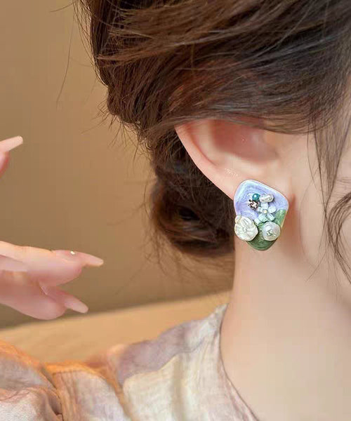 Earrings Zircon Alloy Modern Stud Beads Rice Light Floral Purple FashionChic