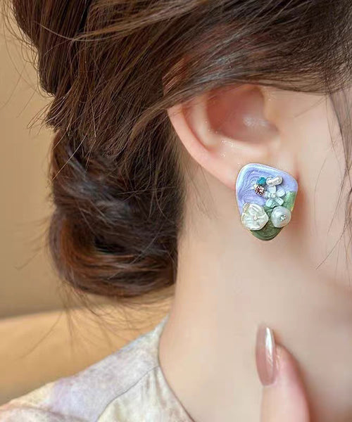 Earrings Zircon Alloy Modern Stud Beads Rice Light Floral Purple FashionChic