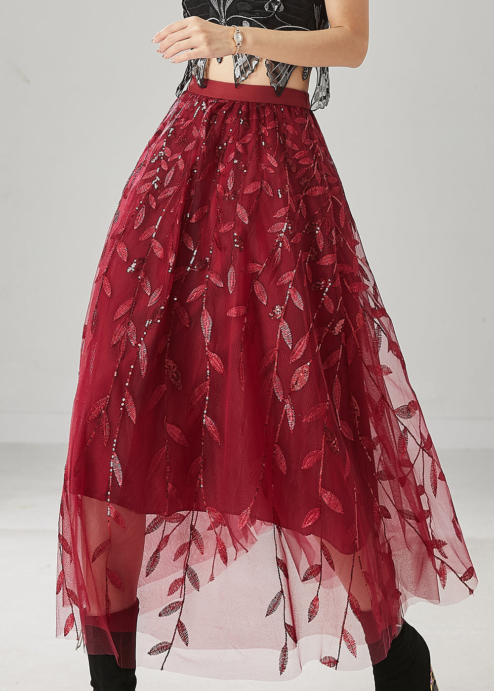 Modern Mulberry Embroidered Sequins Tulle Skirts Spring YU1016 Ada Fashion