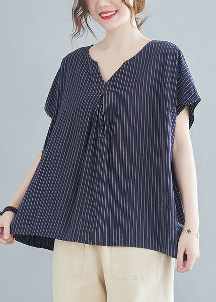 Top Striped Blue Short Sleeve V Navy Modern Neck FashionChic