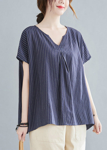Top Striped Blue Short Sleeve V Navy Modern Neck FashionChic