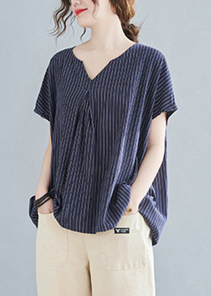 Top Striped Blue Short Sleeve V Navy Modern Neck FashionChic