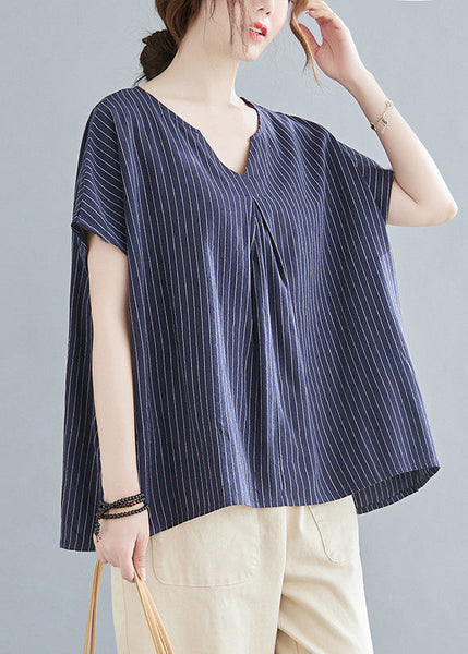 Top Striped Blue Short Sleeve V Navy Modern Neck FashionChic