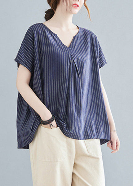 Top Striped Blue Short Sleeve V Navy Modern Neck FashionChic