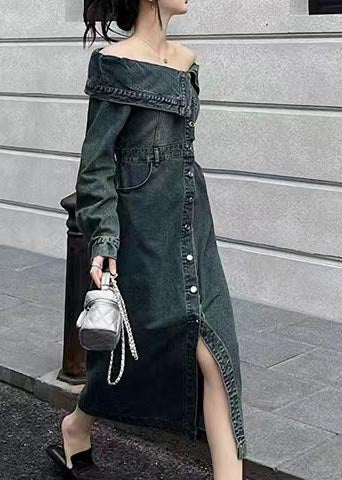 Cold Dresses Modern Denim Summer Shoulder Side Open Navy FashionChic