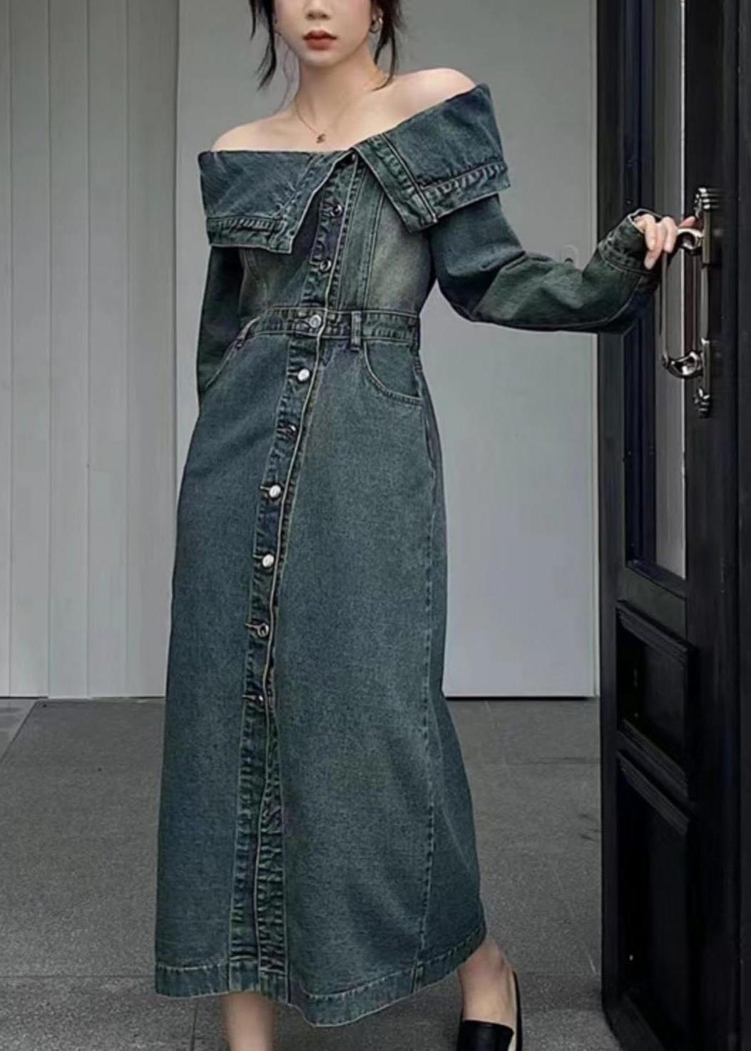 Cold Dresses Modern Denim Summer Shoulder Side Open Navy FashionChic