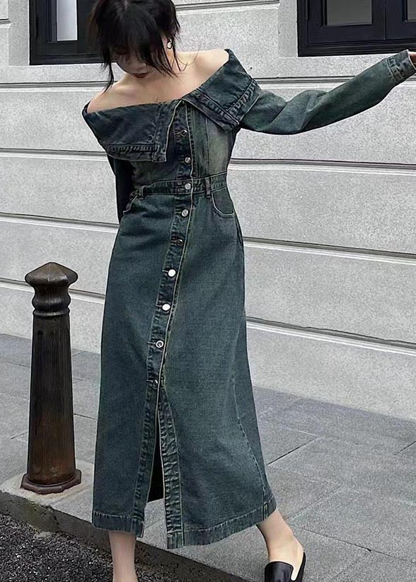 Cold Dresses Modern Denim Summer Shoulder Side Open Navy FashionChic