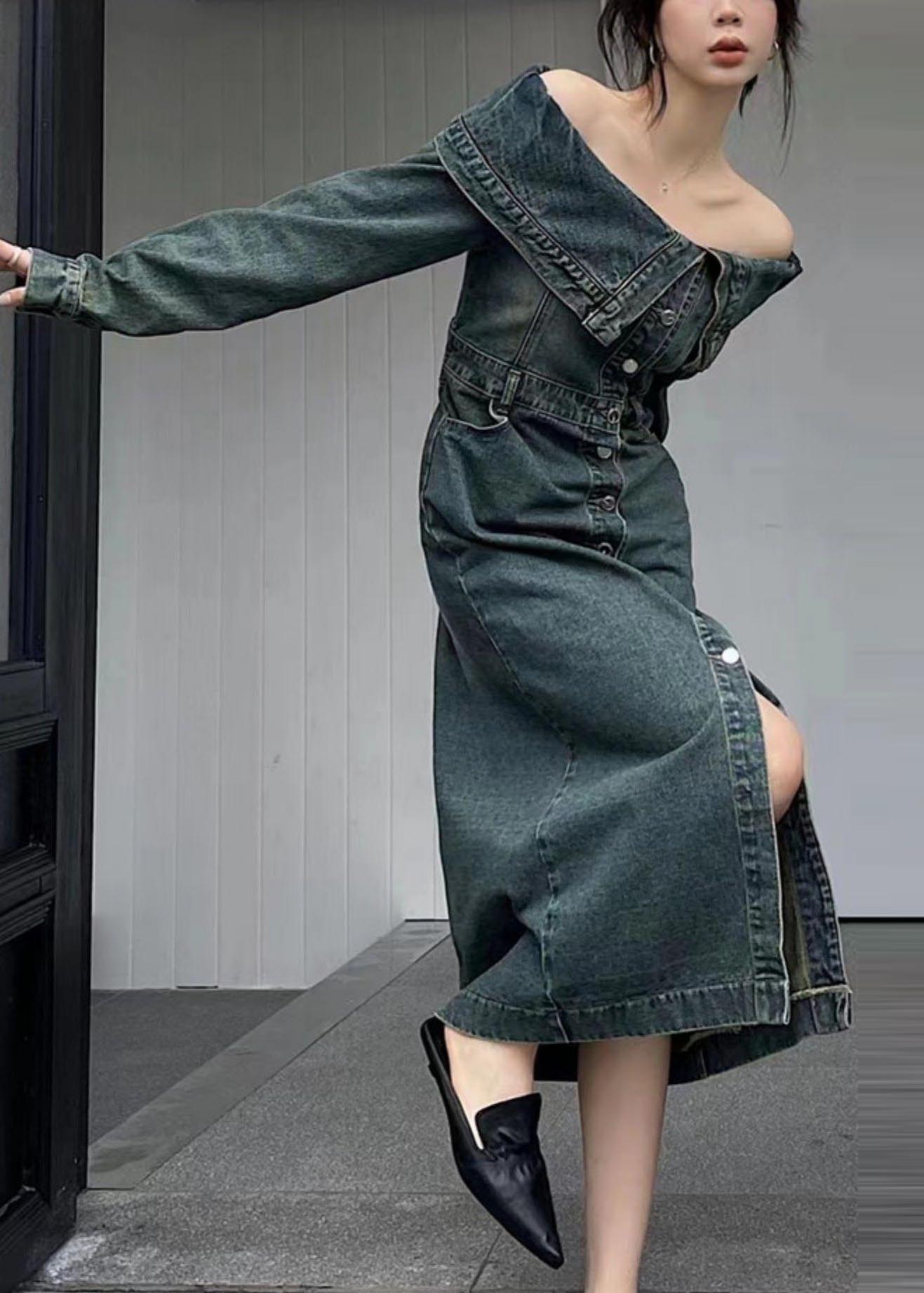 Cold Dresses Modern Denim Summer Shoulder Side Open Navy FashionChic