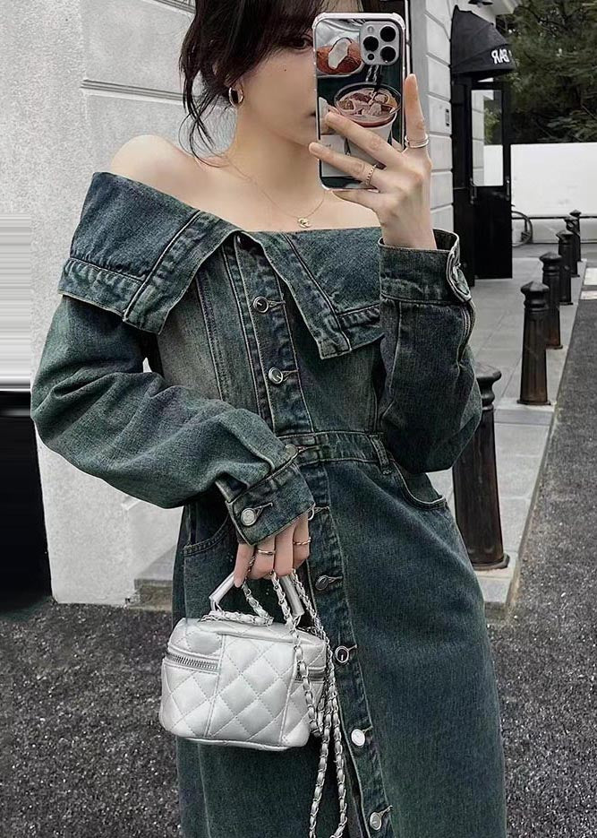 Cold Dresses Modern Denim Summer Shoulder Side Open Navy FashionChic