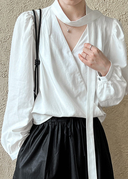 Modern Navy V Neck Ribbon Shirt Fall QE062 HS-LTP240925