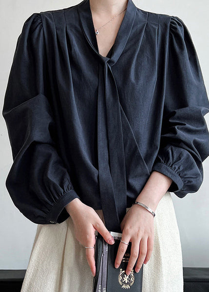 Modern Navy V Neck Ribbon Shirt Fall QE062 HS-LTP240925