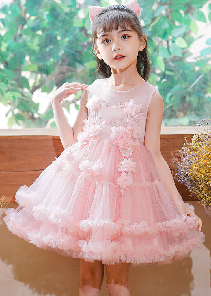 Modern Pink O-Neck Floral Tulle Kids Mid Dress Sleeveless EW016 WS-JRTZSDM240810