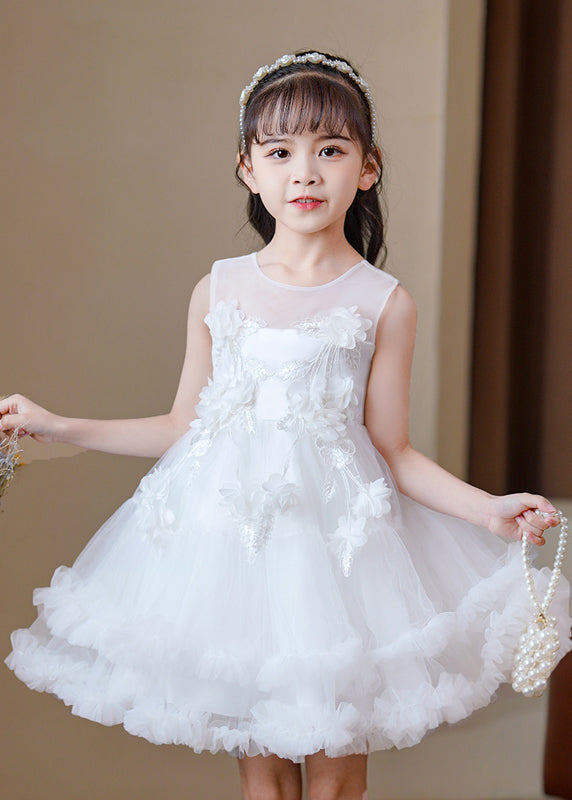 Modern Pink O-Neck Floral Tulle Kids Mid Dress Sleeveless EW016 WS-JRTZSDM240810