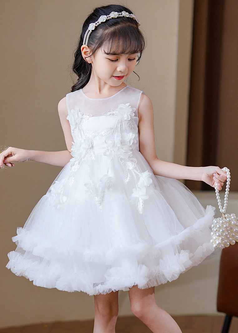 Modern Pink O-Neck Floral Tulle Kids Mid Dress Sleeveless EW016 WS-JRTZSDM240810