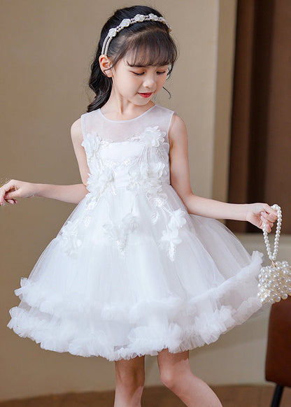 Modern Pink O-Neck Floral Tulle Kids Mid Dress Sleeveless EW016 WS-JRTZSDM240810