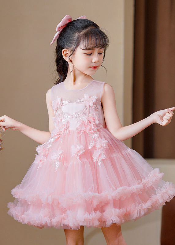 Modern Pink O-Neck Floral Tulle Kids Mid Dress Sleeveless EW016 WS-JRTZSDM240810