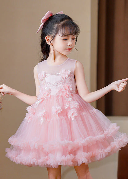 Modern Pink O-Neck Floral Tulle Kids Mid Dress Sleeveless EW016 WS-JRTZSDM240810