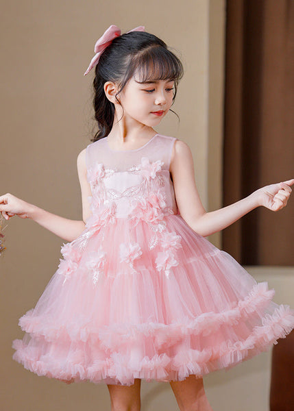 Modern Pink O-Neck Floral Tulle Kids Mid Dress Sleeveless EW016 WS-JRTZSDM240810