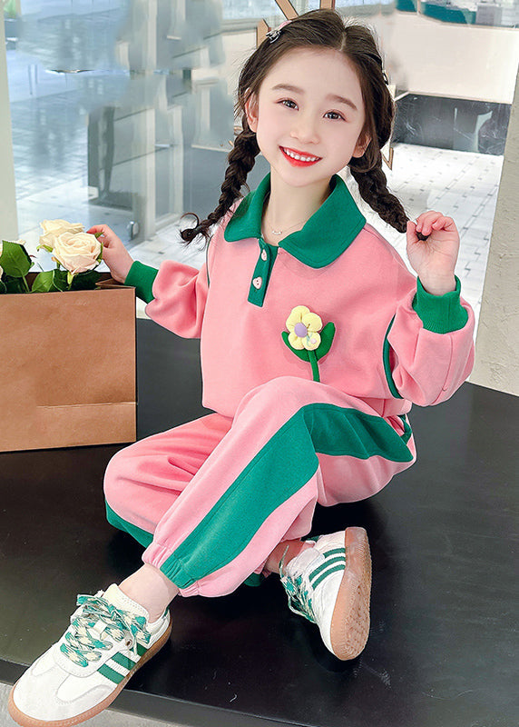 Modern Pink Peter Pan Collar Floral Girls Top And Lantern Pants Two Pieces Set Spring TR034 ABC