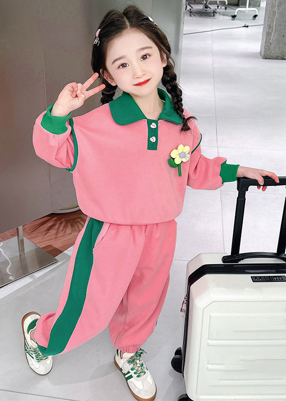 Modern Pink Peter Pan Collar Floral Girls Top And Lantern Pants Two Pieces Set Spring TR034 ABC