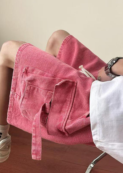 Denim Shorts Summer Elastic Waist Modern Pockets Men Pink FashionChic