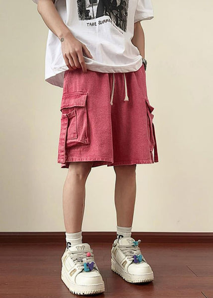 Denim Shorts Summer Elastic Waist Modern Pockets Men Pink FashionChic